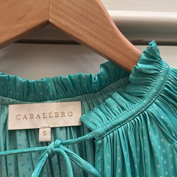 Caballero Collection Kelsie Ruffle Blouse Top Green Dot SzSmall - Picture 3 of 6